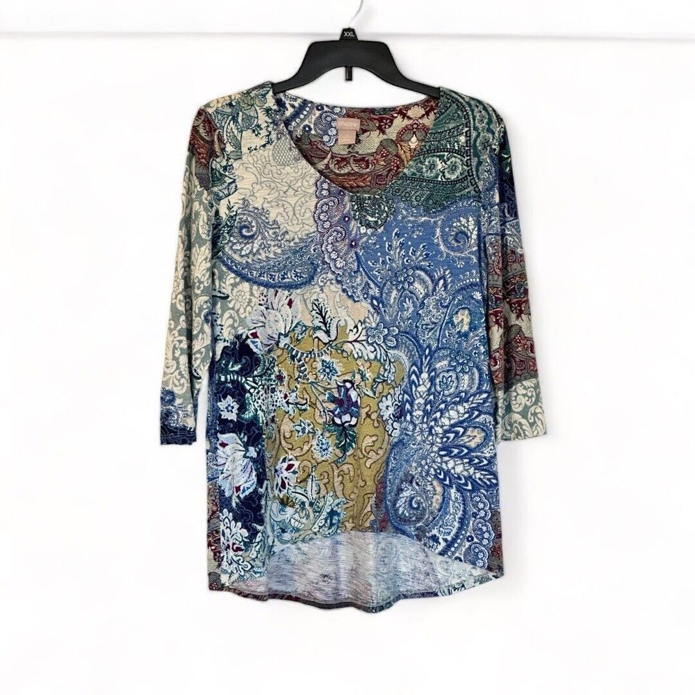 Chico’s High Low Tunic Blouse 3/4 Sleeve Paisley Print Sz Small Multi Colored